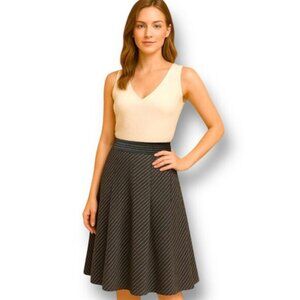 Theory 4 Black Cream Striped A-Line Midi Skirt Preppy Office Career Classic
